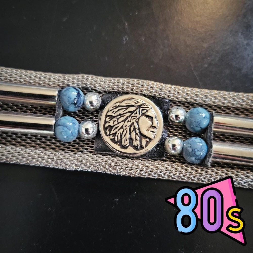 Western Mesh Belt Vintage 80s Silver Metal Blue Beads Southwestern Style Size 34